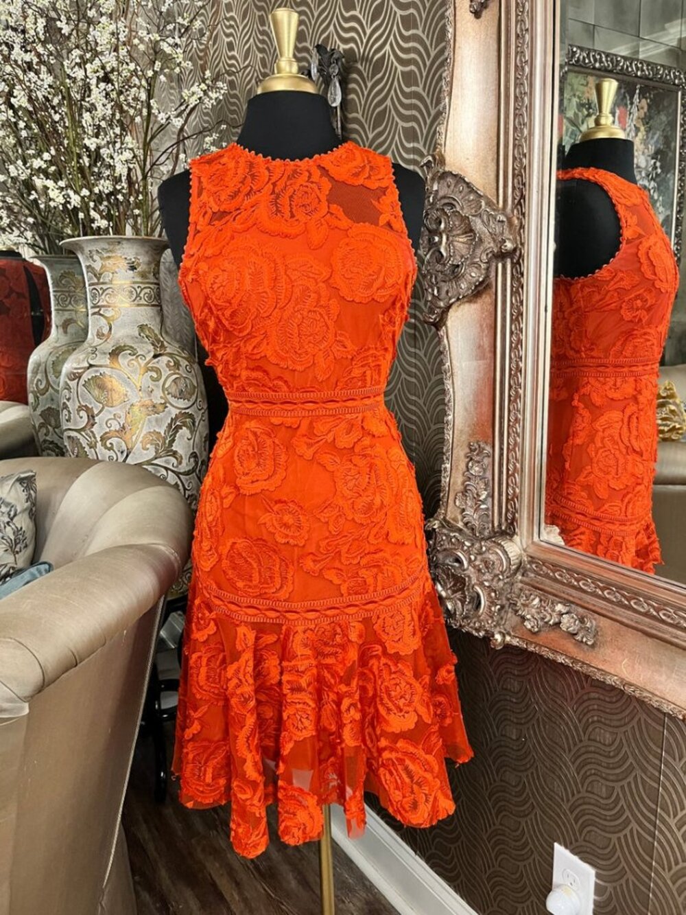 Reiss Adia Lace Fit & Flare vibrant orange color dress